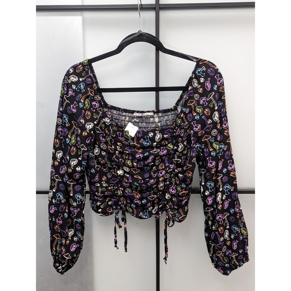 NWT 3rd + Malt|Mushroom Ditsy Crop DrawString Lantern Sleeves Shirt Summer F… - Picture 4 of 5